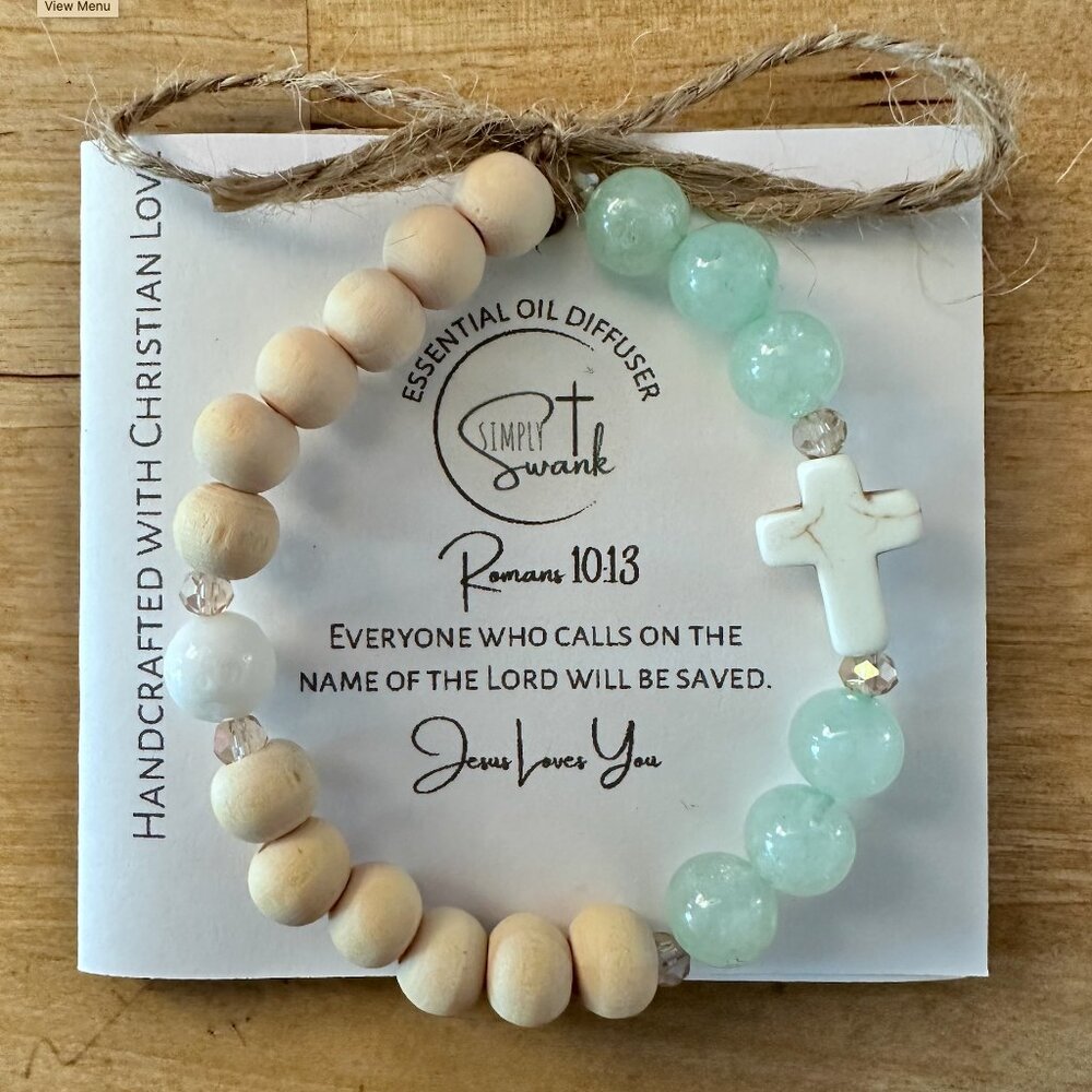 Simply Swank Bracelet - stretchy 7” - Raw Wood, Mint Jade & White Shell
